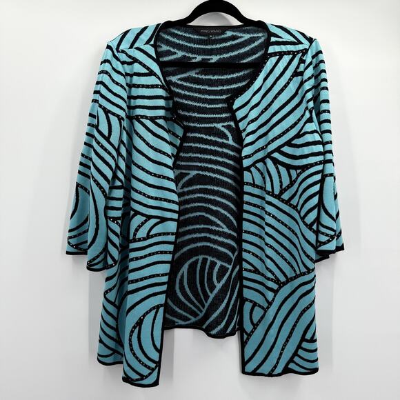 Ming Wang Sweater Womens 1X Blue Black Open Front Cardigan Knit Swirl Studded - Picture 1 of 10